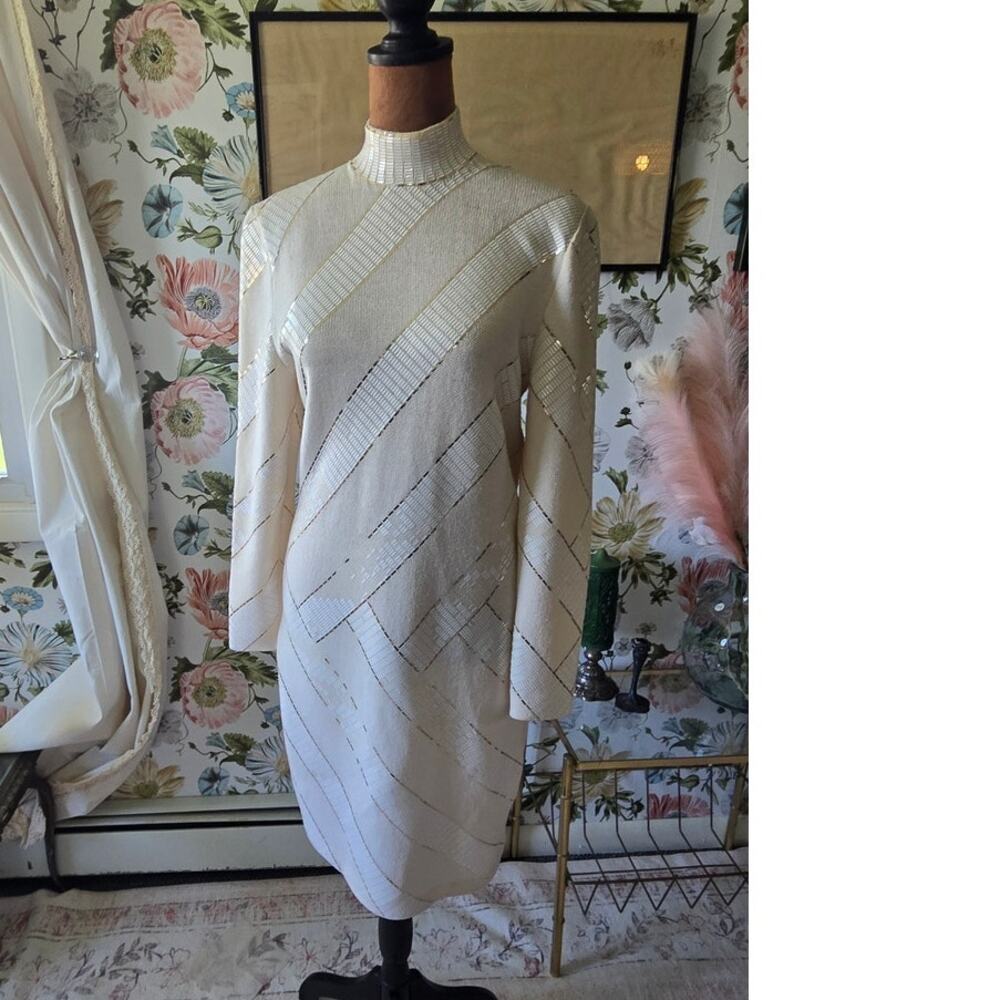 Vintage St. John by Marie Gray Cream and Gold Bodycon Silhouette Sweater Dress
